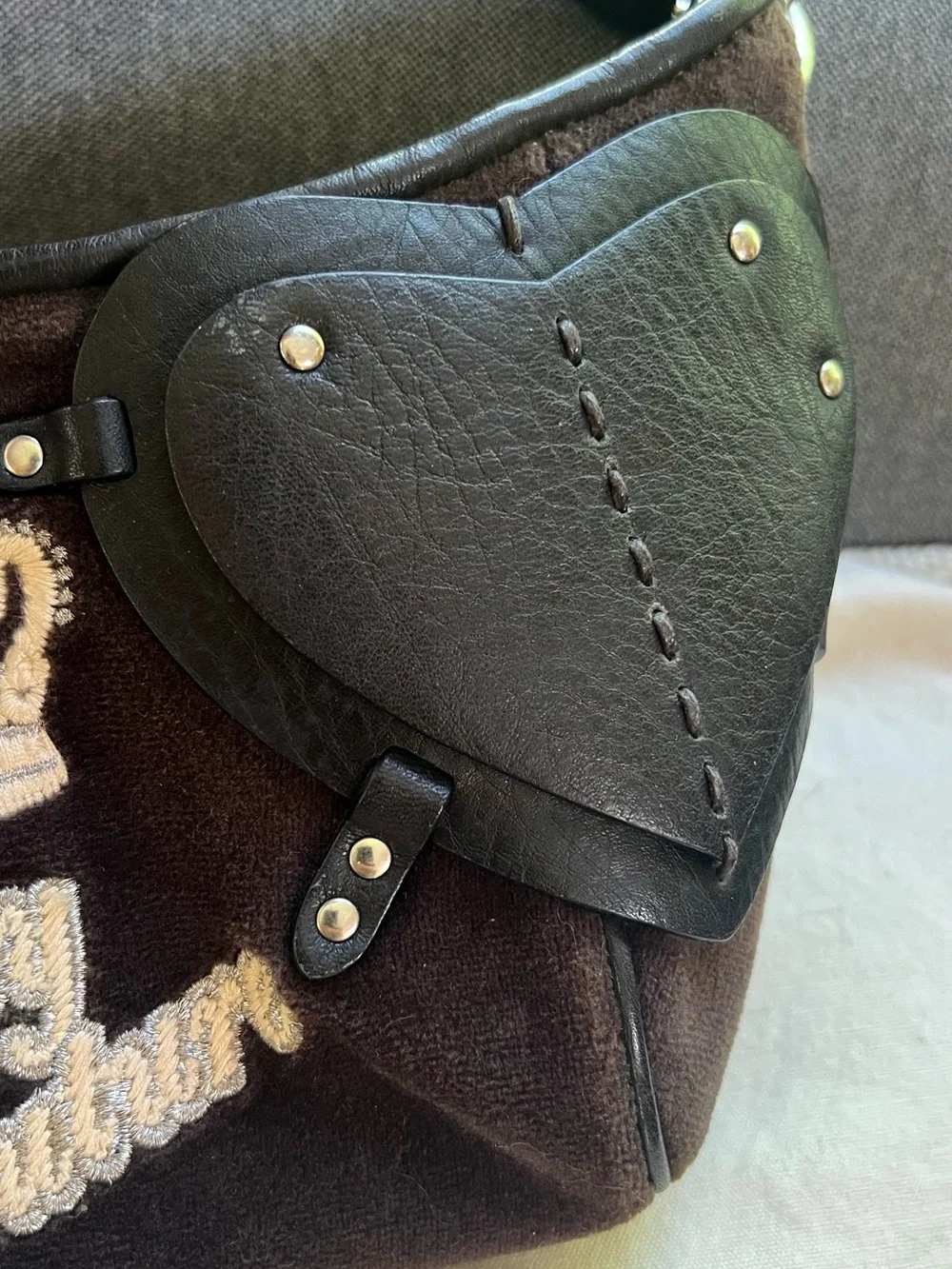Vintage Juicy Couture Crossbody Brown Purse Black Leather Heart Velour 90s Y2K